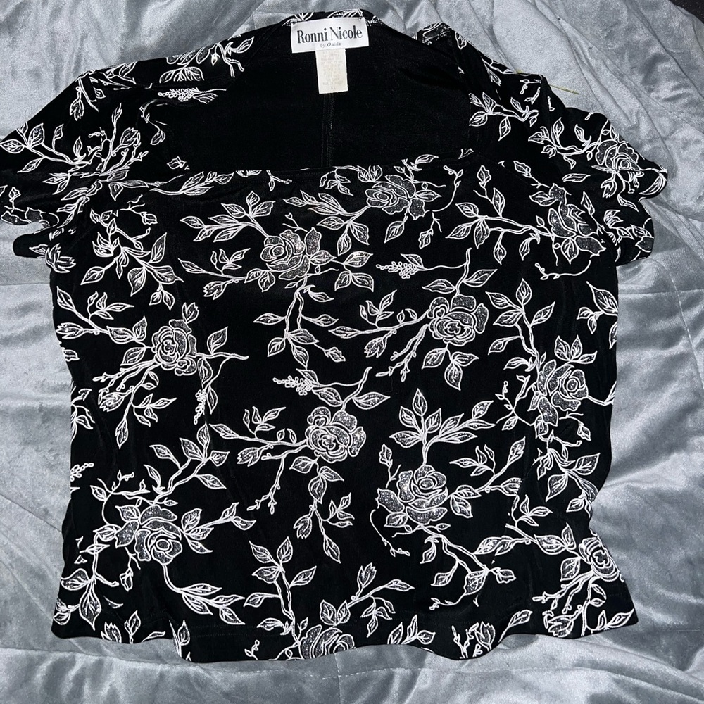 Vintage Floral Top Ronni Nicole Black Rose Glitter square neck 90s XL stretch